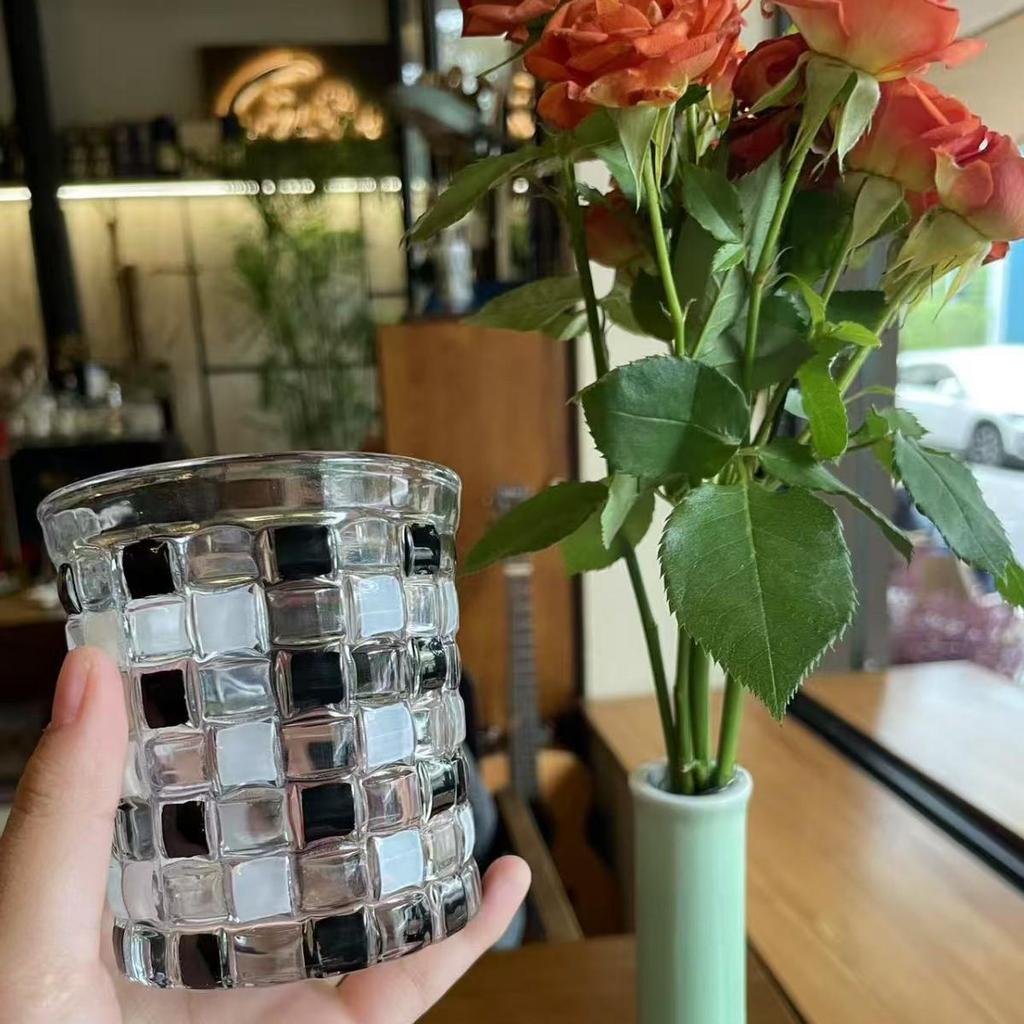Hand-Painted Black & White Plaid Glass Cup for Beverages
