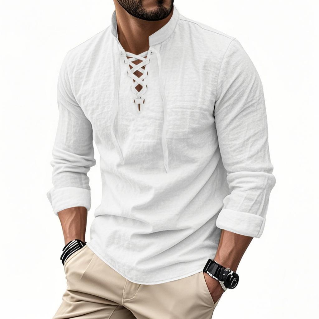 Camisa Casual Masculina, cor Algodão e Linho, Gola Lapela em Pé, Manga Longa, Top