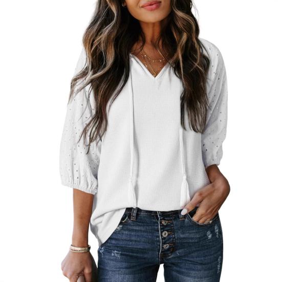 Women T-shirt V-Neck Jacquard Decor 3/4 Sleeves Pullover Tops Solid Color Loose Fit Tops Party Daily Wear