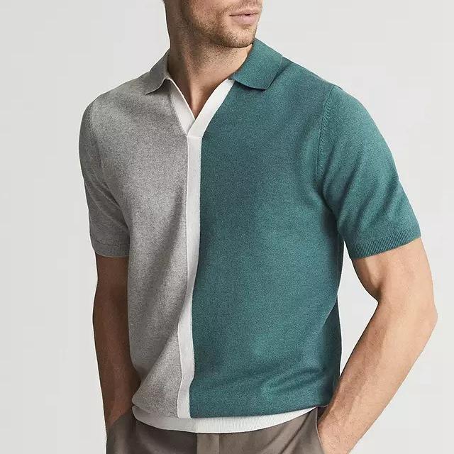 

Men s Color Block Short Sleeve Polo Shirt, Casual Slim Fit Knit Top, Grey & Green Contrast Collar M