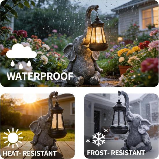 Solar Elephant Statue Outdoor Garden Decor - 10" Resin Elephant Figurine with Hanging Solar Lantern, Waterproof Patio Yard Art, Lucky Elephant Gifts