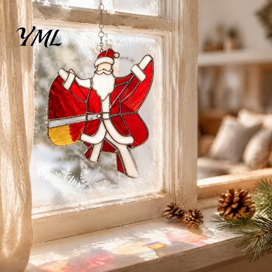 Christmas Tree Decor Snowman/Santa Claus/Deer Suncatcher, Stained Glass Style Pendant with Hanging Acrylic Chain, 2D Flat Ornament for Garden
