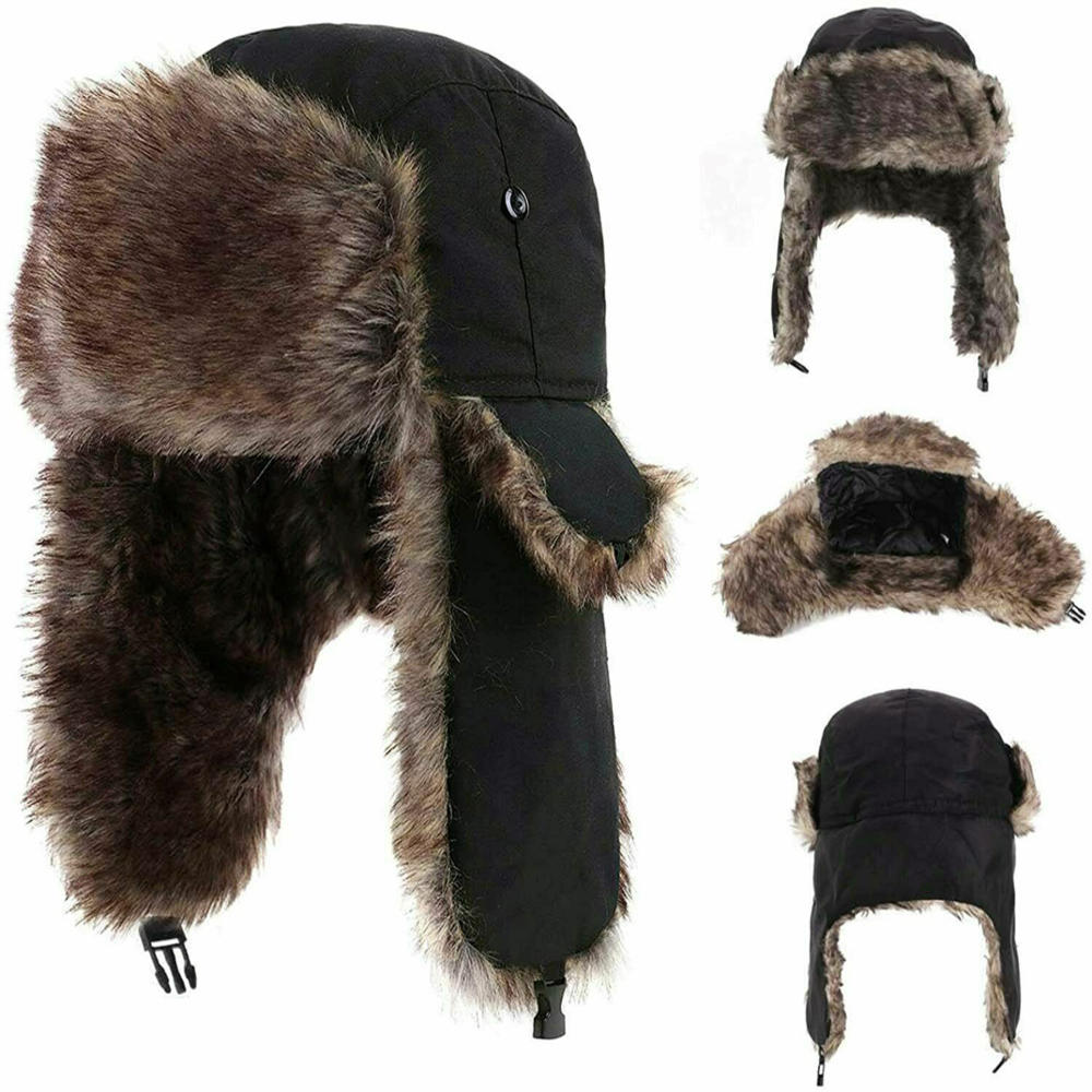 

Men s Winter Trapper Aviator Trooper Earflap Warm Russian Waterproof Ski Hat Bomber Cap Russian Warm Ear Protectors Hats чёрный