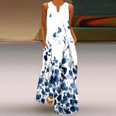 Women Summer Dress V-neck Sleeveless Floral Print Maxi Dress with Pockets Loose Fit