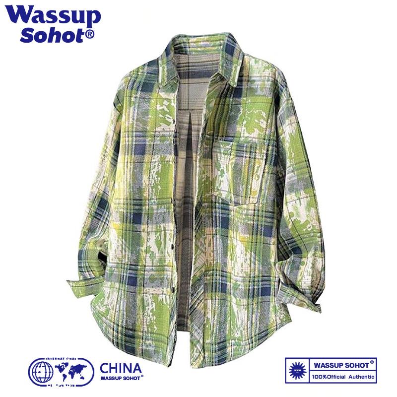 Wassup Sohot Men s Retro Tie-Dye Plaid Long Sleeve Shirt L