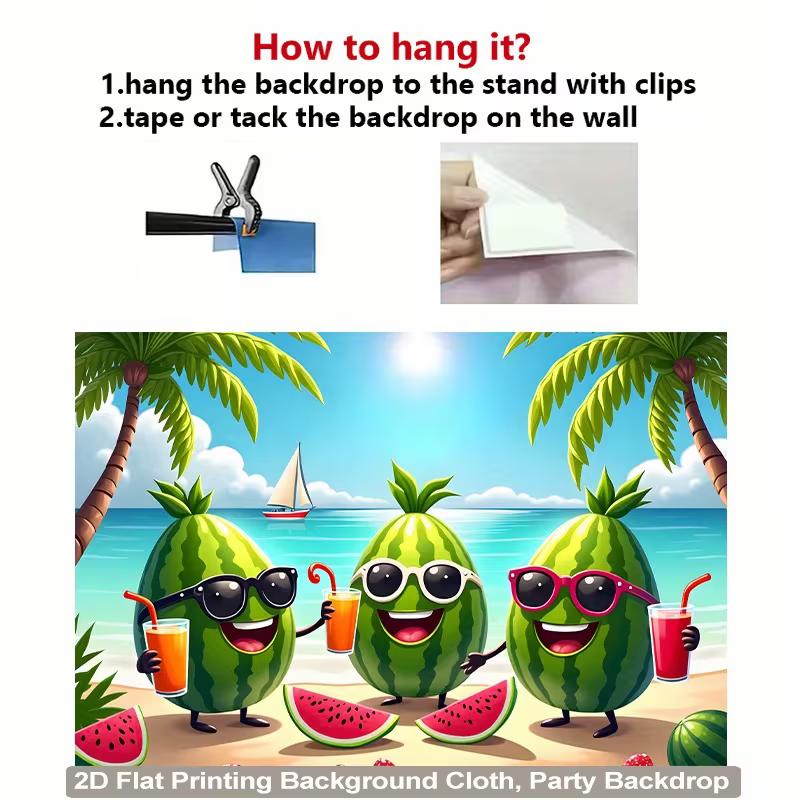 2D Tropical Beach Watermelon Backdrop Cartoon Fruit Summer Party Decor