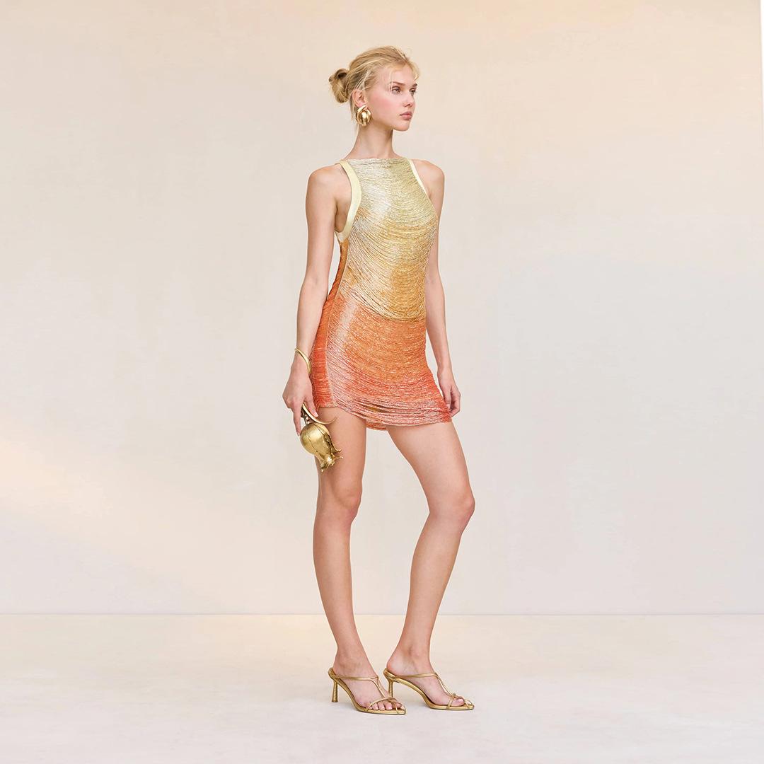 Элегантное женское мини-платье-бандаж с бахромой и градиентной расцветкой, с вырезом- халтер Large светло-желтого