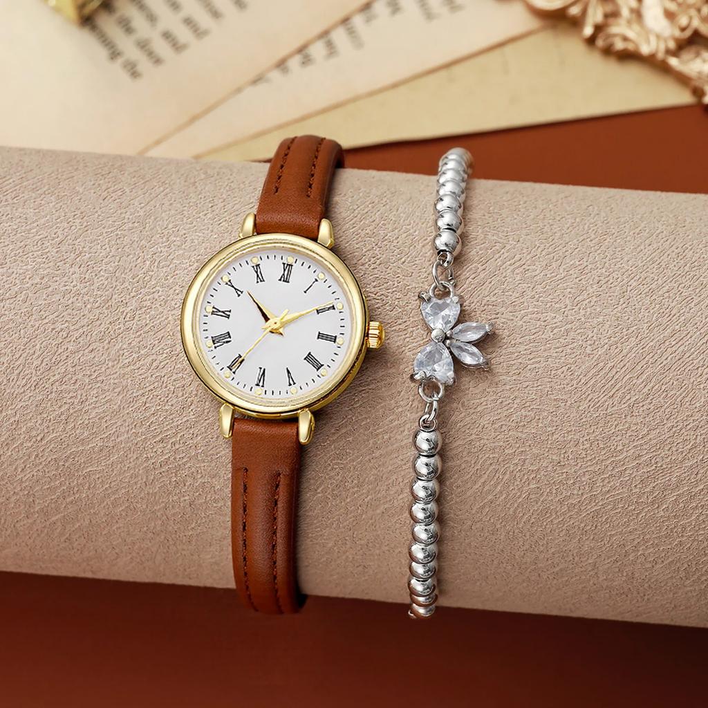 Fashionable Retro Simple Small Round Dial Leather Strap Women's Quartz Watch Bracelet 2 Piece Set, Suitable for Daily, Dating