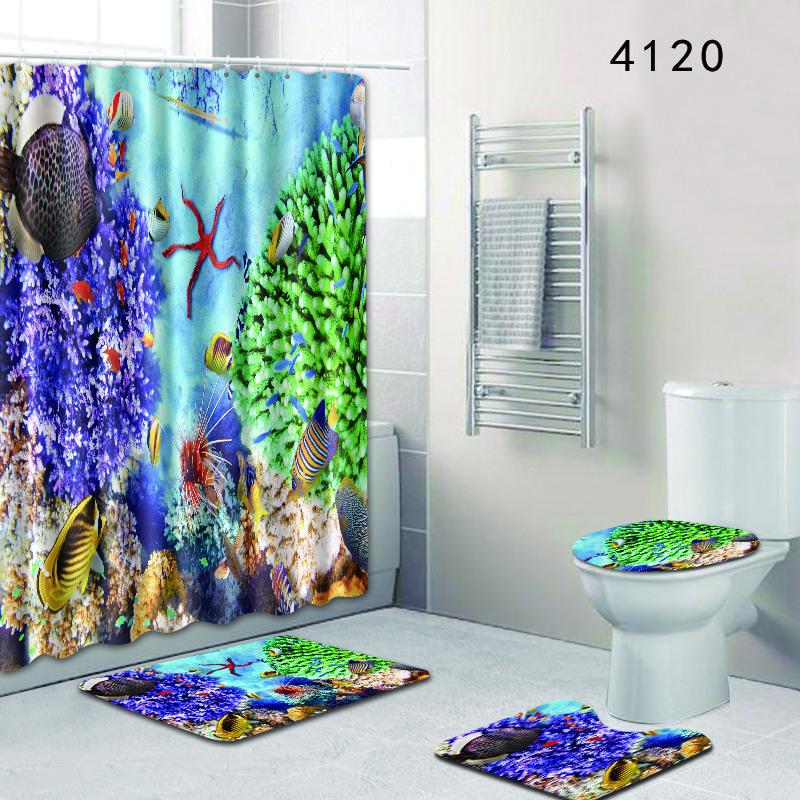 Undersea Landscape Bathroom Shower Curtain Floor Mat Toilet Cover Foot Pad Four-Piece Pattern Size Fixed Zhi