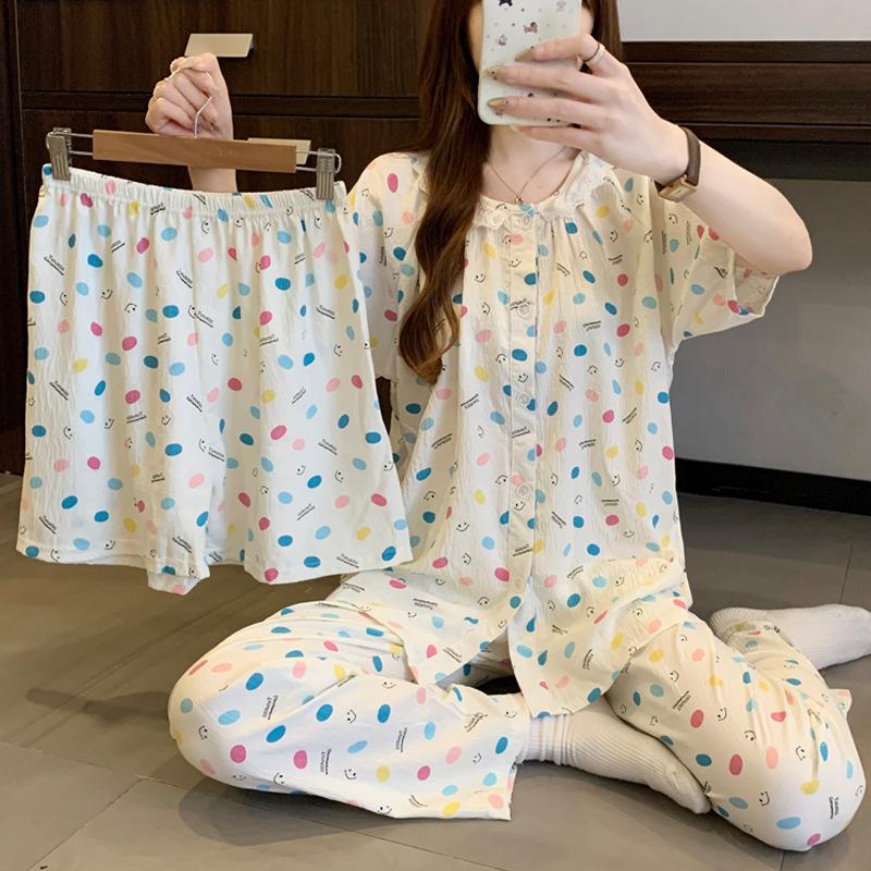 Lace Short-Sleeved Pajamas Women'S Summer Cute Simple Cartoon Cloud Cotton Loungewear Three-Piece Set