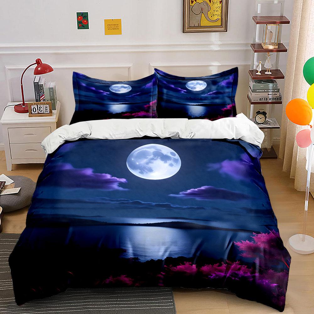 Moonlit Night Landscape Decor Soft Comfortable Duvet Cover Bedding Set Included 1*Duvet Cover & 2*Pillowcases, Gift