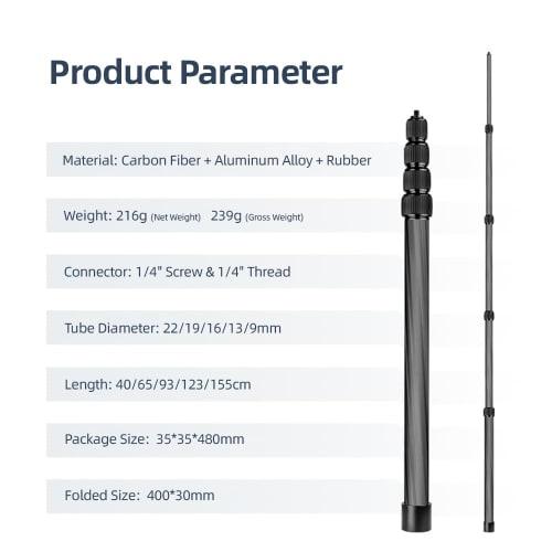 Handheld Microphone Boom Arm, 5-Section Extendable Carbon Fiber Boom Pole for Microphones, 1/4" Screw & Thread, Foam Grip Lock, Maximum Length 155cm/6