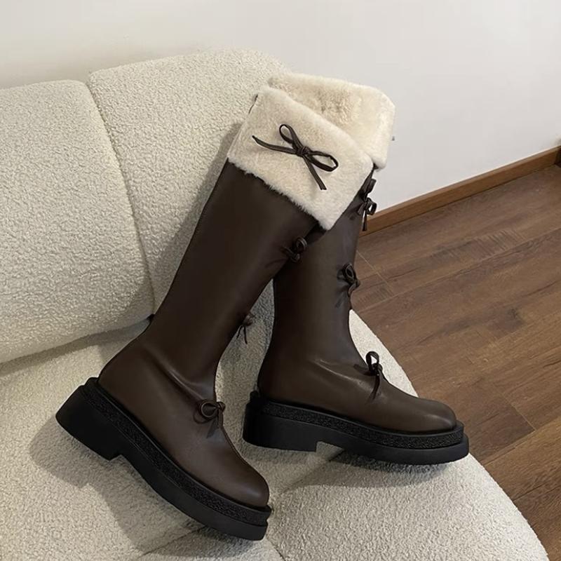 Autumn Winter Short Plush Woman Knee High Boot Fashion Butterfly-knot Knight Long Booties Thick Bottom Botas Feminino