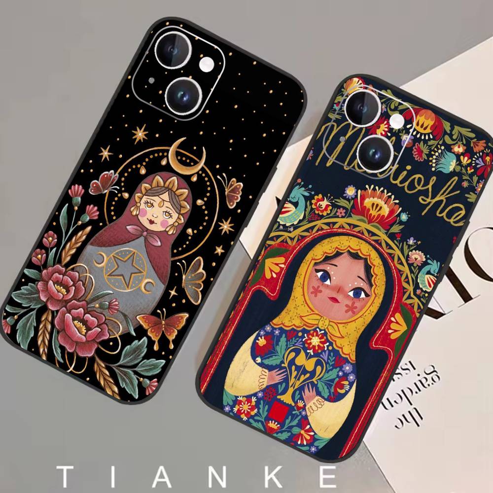 Russian Dolls Matryoshka Phone Case For iPhone17,16,15,14,13,12 Plus,Max Soft Silicone Black Cover