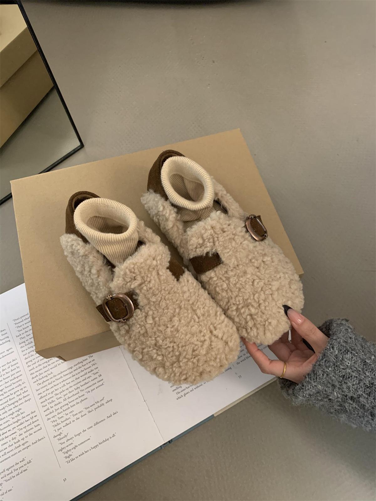 

Туфли на плоской подошве, женские туфли Doudou, осень-зима 2024 года, теплые бархатные хлопковые туфли с пряжкой на ремне, однопедальные туфли для женщин 35