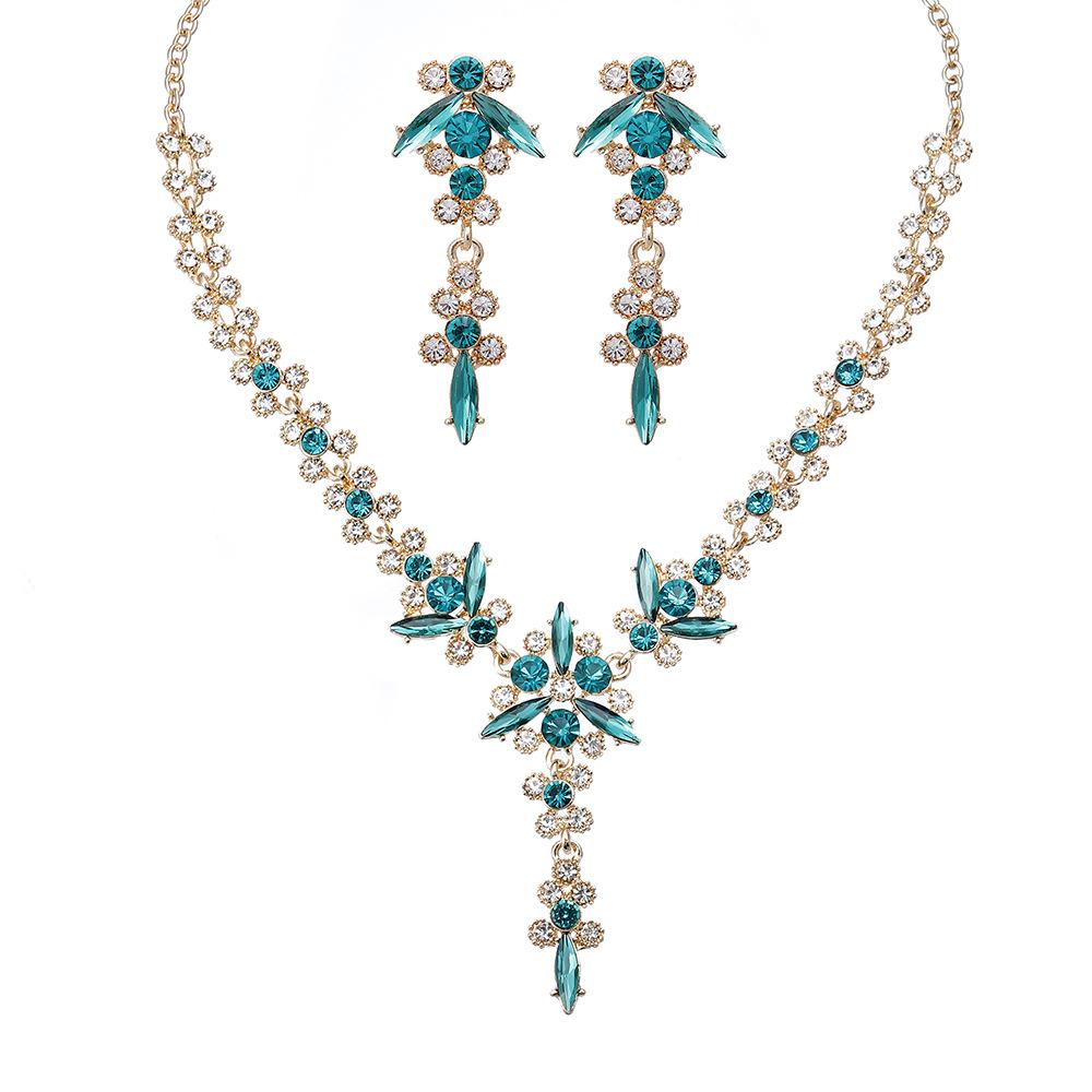 Wedding Jewelry European American Temperament Multicolor Crystal Bride Necklace Earrings Set