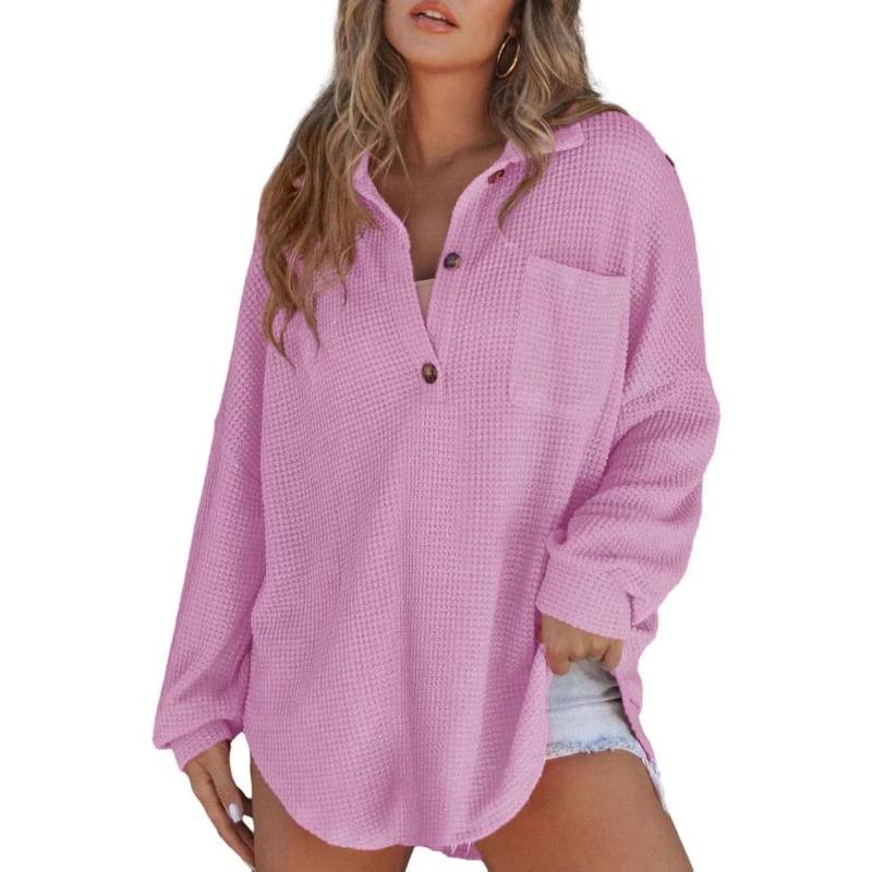 DAFIFY Women's Fashion Casual Spring Autumn Solid Color Print Long Sleeve POLO Neck Blouses & Shirts