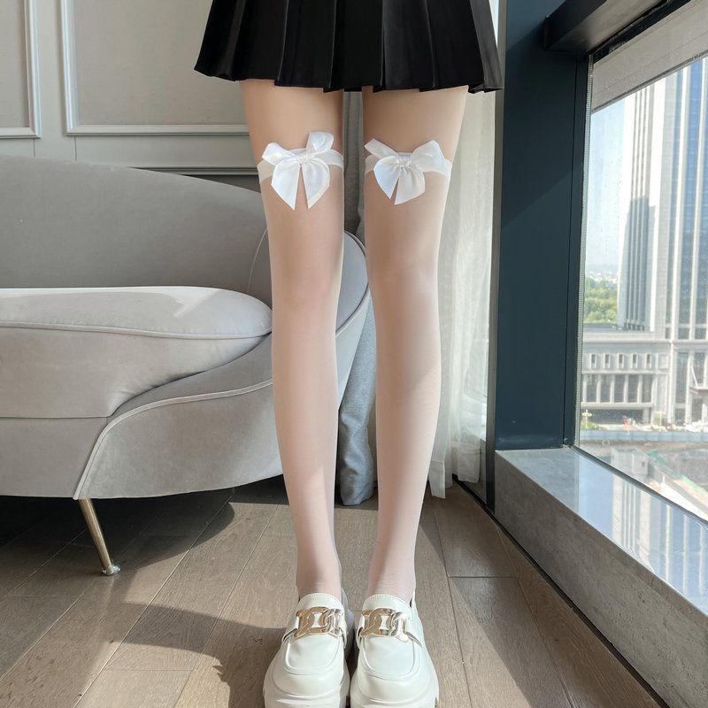 White Silk Bow Jk Knee Socks Children Sexy White Pure Desire High Stockings Lace Thin Attack Speed Black Stockings