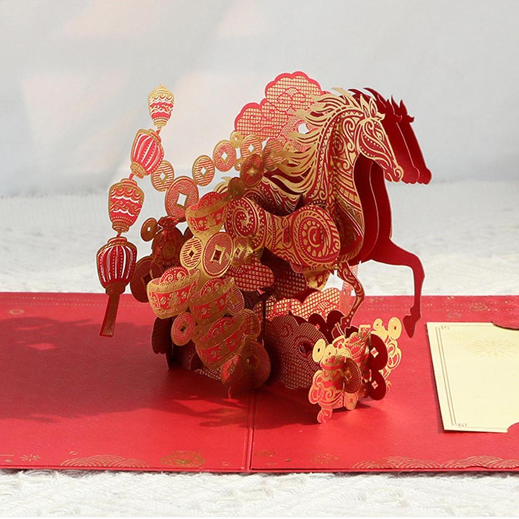 Elegant Popup Horse Greeting Card For 2026 Chinese New Year Elegant Gold Foils Card For Festive Celebration