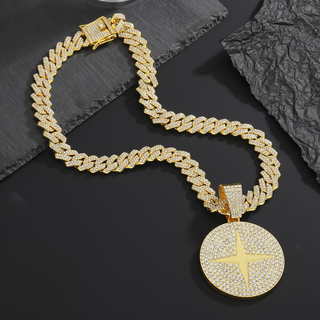 Men Hip Hop Long Cuban Chain Set Full Diamond Cross Star Round Plate Pendant European American Street Personality Niche Fashion Neck Jewelry Gift