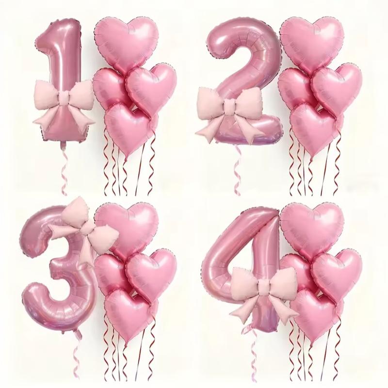6/7Pcs Birthday Party Wedding Engagements Anniversaries Decor Pink Bow Heart Balloon With 32Inch Pink Number Foil Balloon