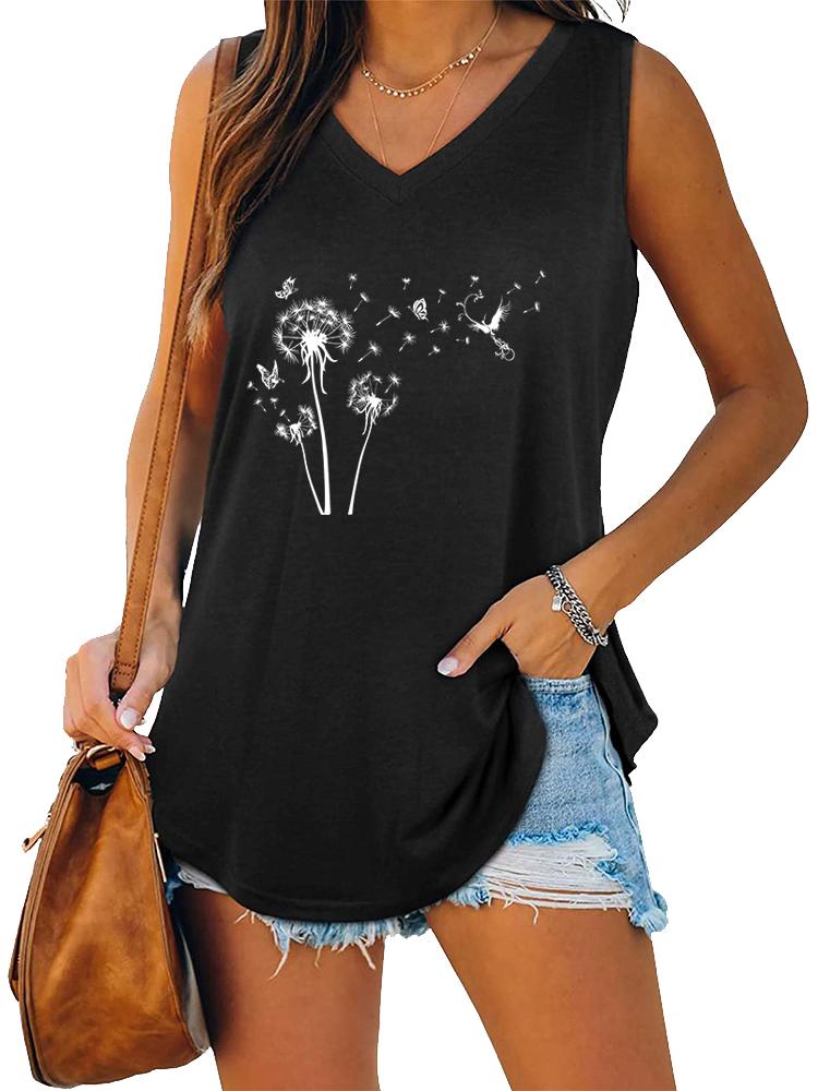 Women Fashion V Neck Printed Sleeveless Top Summer Casual Pullover Loose Tank Top