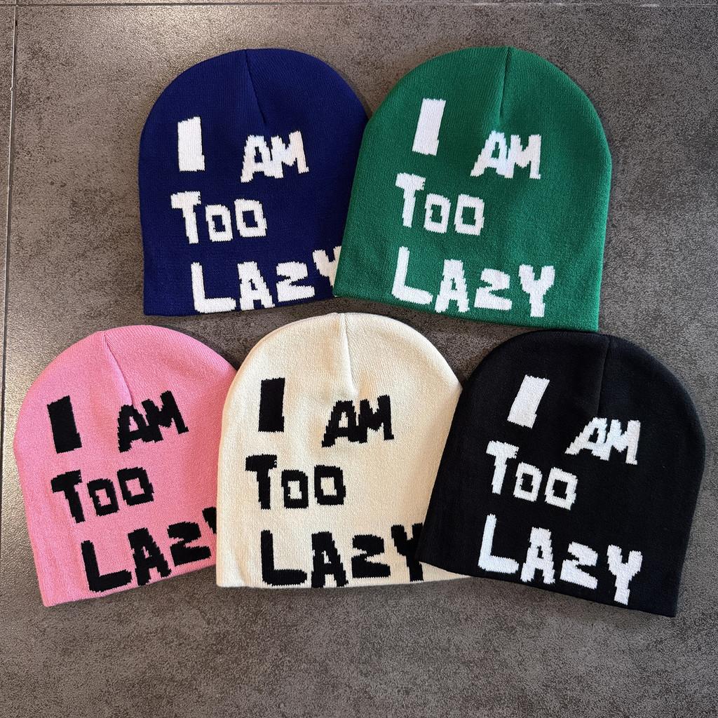 Am Letter I Too Lazy Embellishment Retro Streetwear Warm Wool Hat Knit Couples