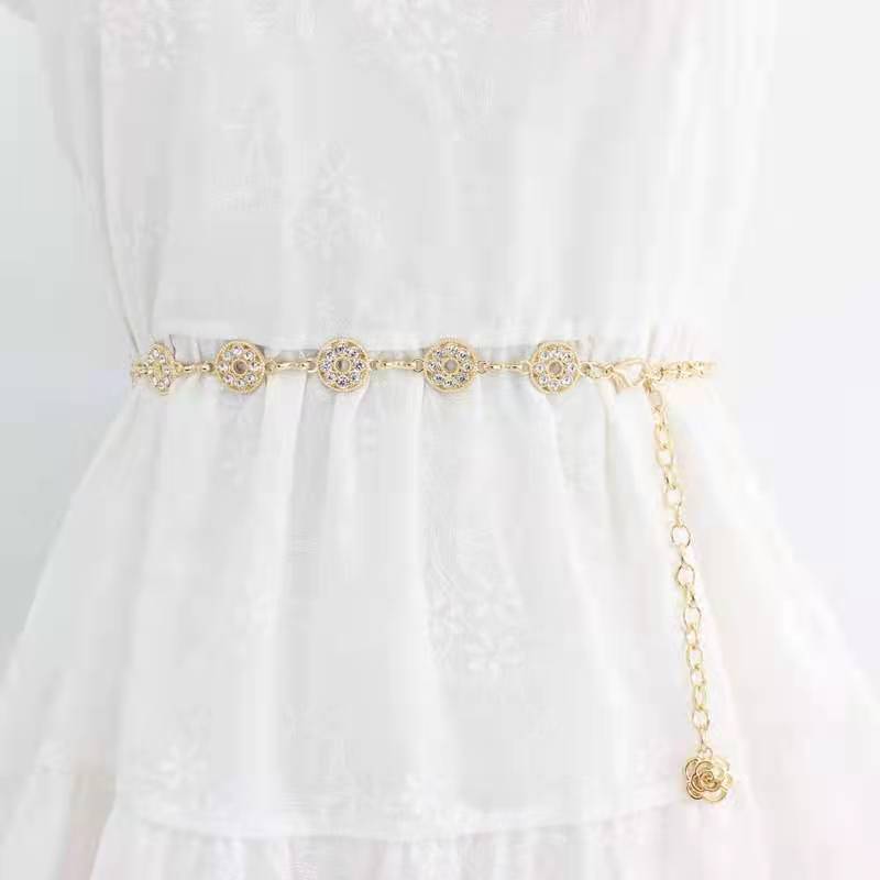 Women's Waist Chain Hook Adjustment Versatile Skirt Dress Decorative Chain Small Fragrance Feng Shui Diamond Inlaid Metal Thin Belt