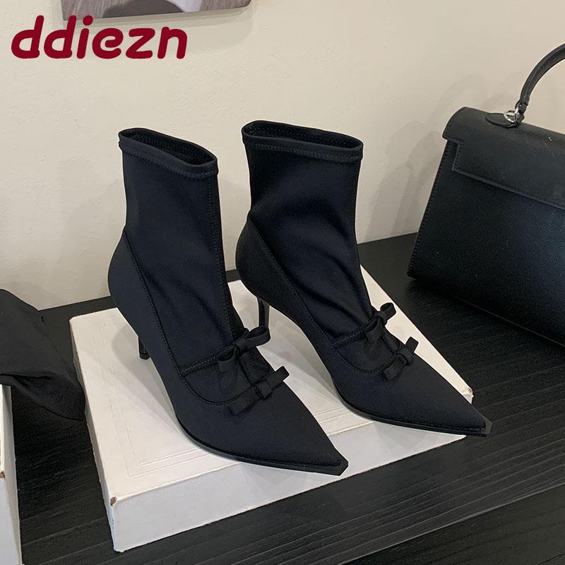 Fashion Fashion Elastic Women Ankle Stretch Boots Heels Shoes Butterfly-Knot Female Pointed Toe Ladies Modern Boots Slip On Shoes
