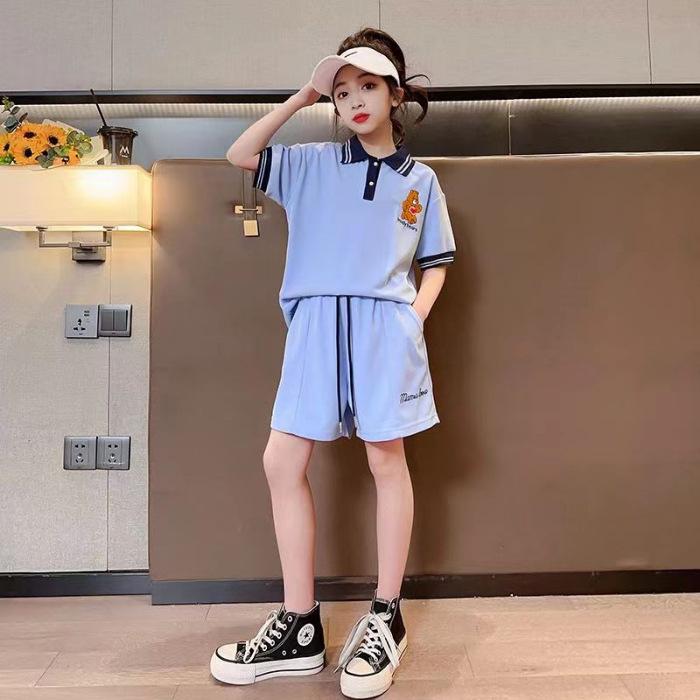 

Летний повседневный комплект для девочек 2024 - Футболка-поло с коротким рукавом и шорты, двухпредметный для детей 140 синий