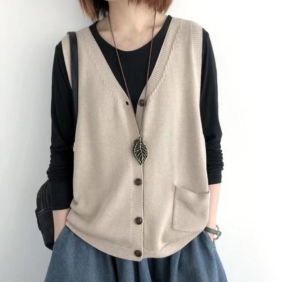 Vintage Arts Style Knitted Vest Female Solid Color Sleeveless Button V-Neck Waistcoat Women Casual Loose Knitwear Coats