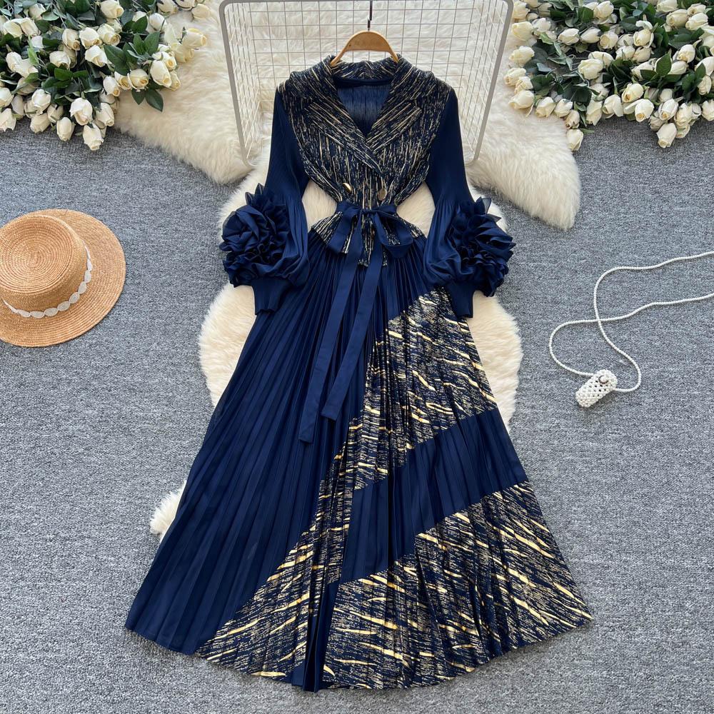 European and American dresses for women's autumn straps, waist lapels, three-dimensional flowers, lantern sleeves, pleated long skirts