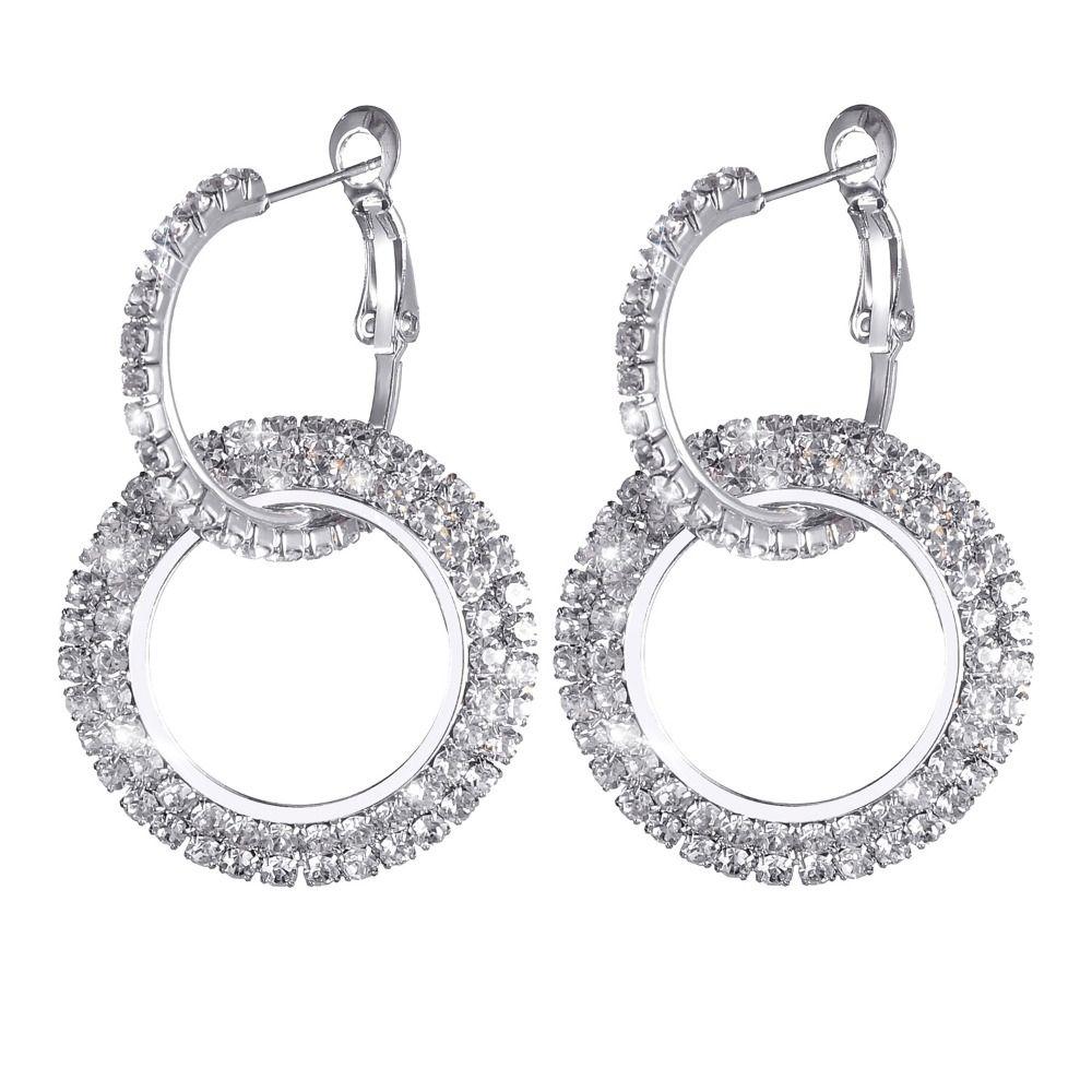 Rhinestone Ear Clips Round Diamond Earrings Elegant Hoop Earrings  Woman Girls