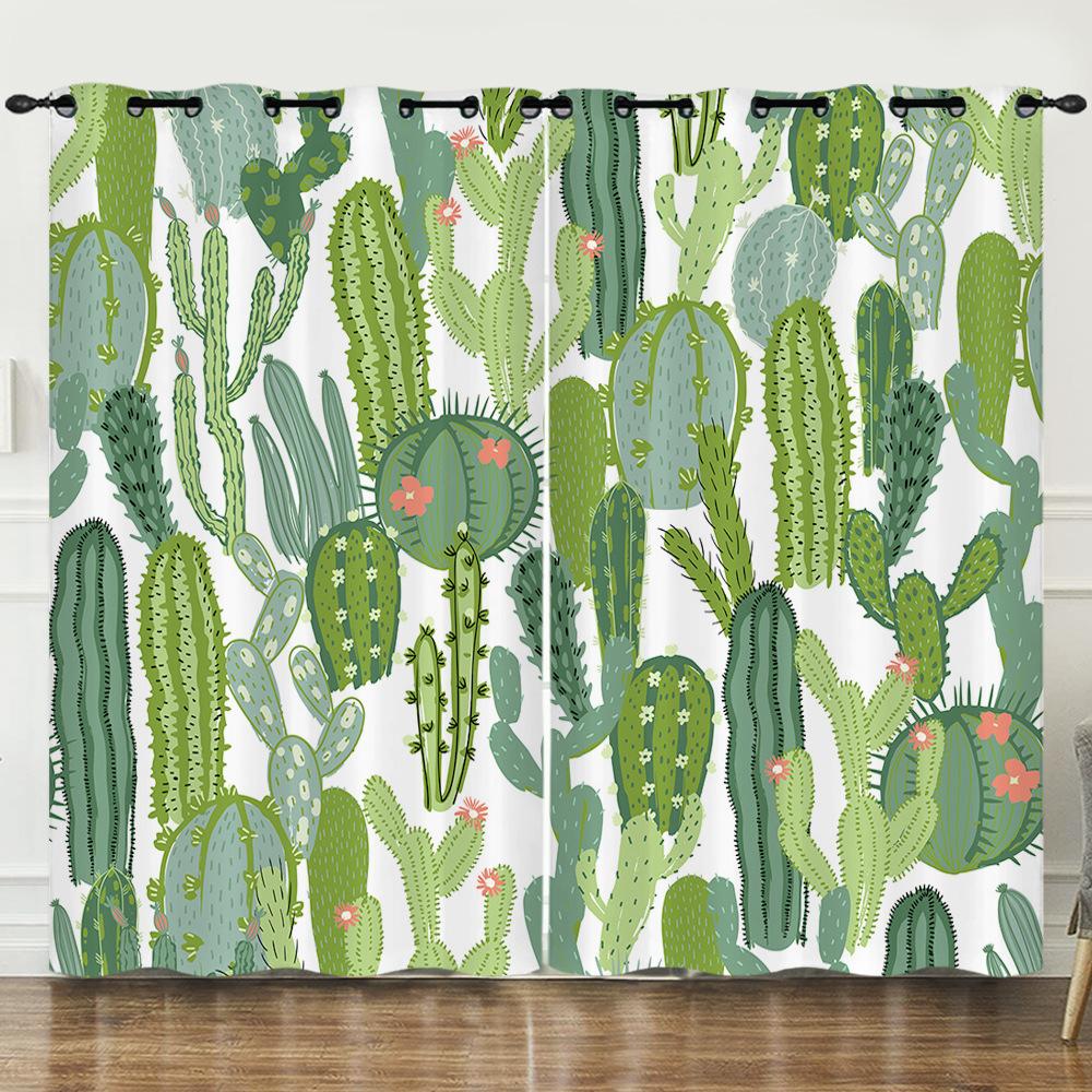Curtains Fresh Green Plants Hand-Painted Cactus 3D Digital Printing Blackout Curtain Punching