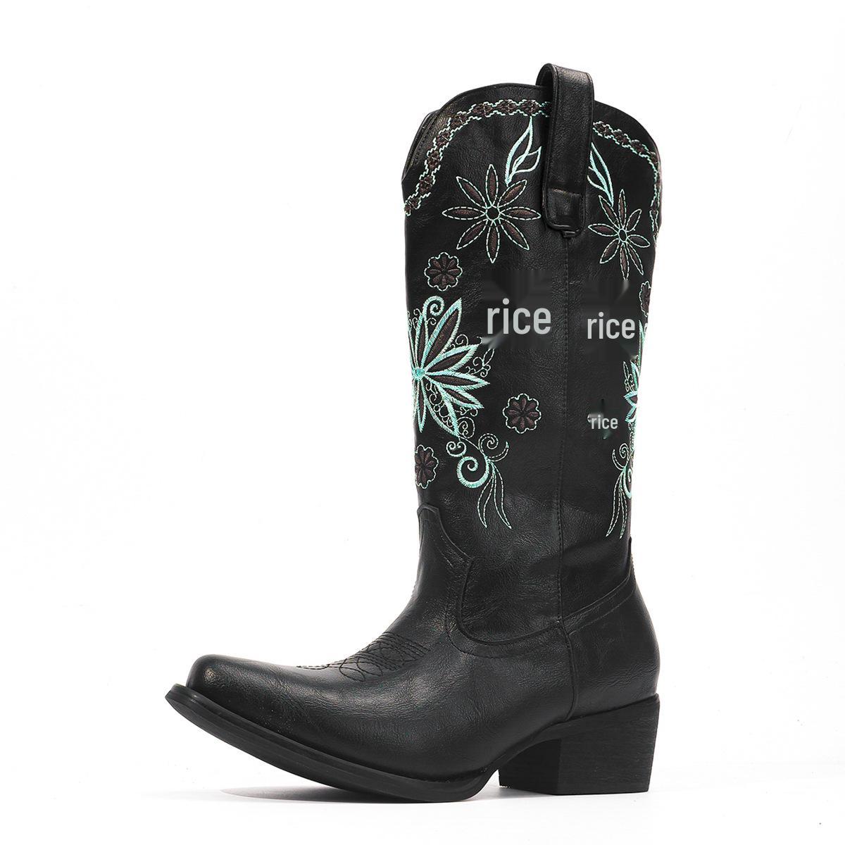 

European & American Style Pointed Toe Chunky Heel Embroidered Mid-Calf Women s Boots, Sizes 35-46 42 чорний