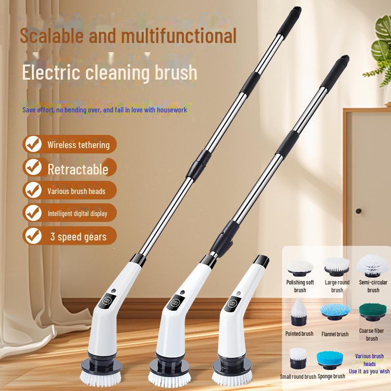 Electric Multi-Function Scrubber with Replaceable, Extendable Heads for Floor Cleaning