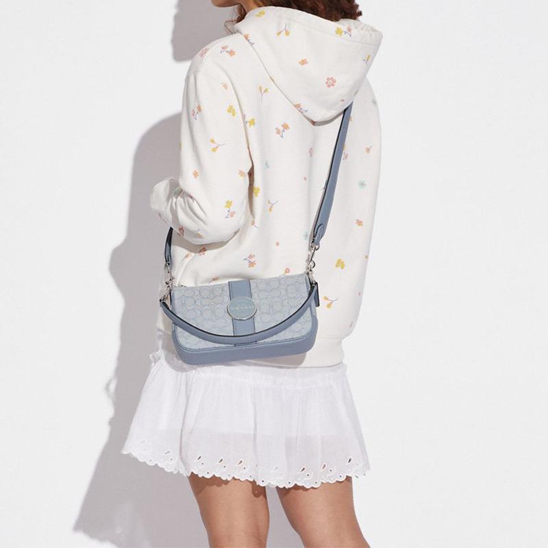 Coach Lonnie 25 Classic Old Flower All Over Signature Logo Print Fabric and Cow Leather Armpit Bag Hand Crossbody Shoulder Bag Women's Blue