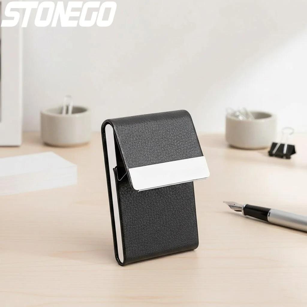 Slim Metal Pocket Business Card Holder Case with Magnetic Shut PU Leather Card Wallet ID Organizer for Men Women