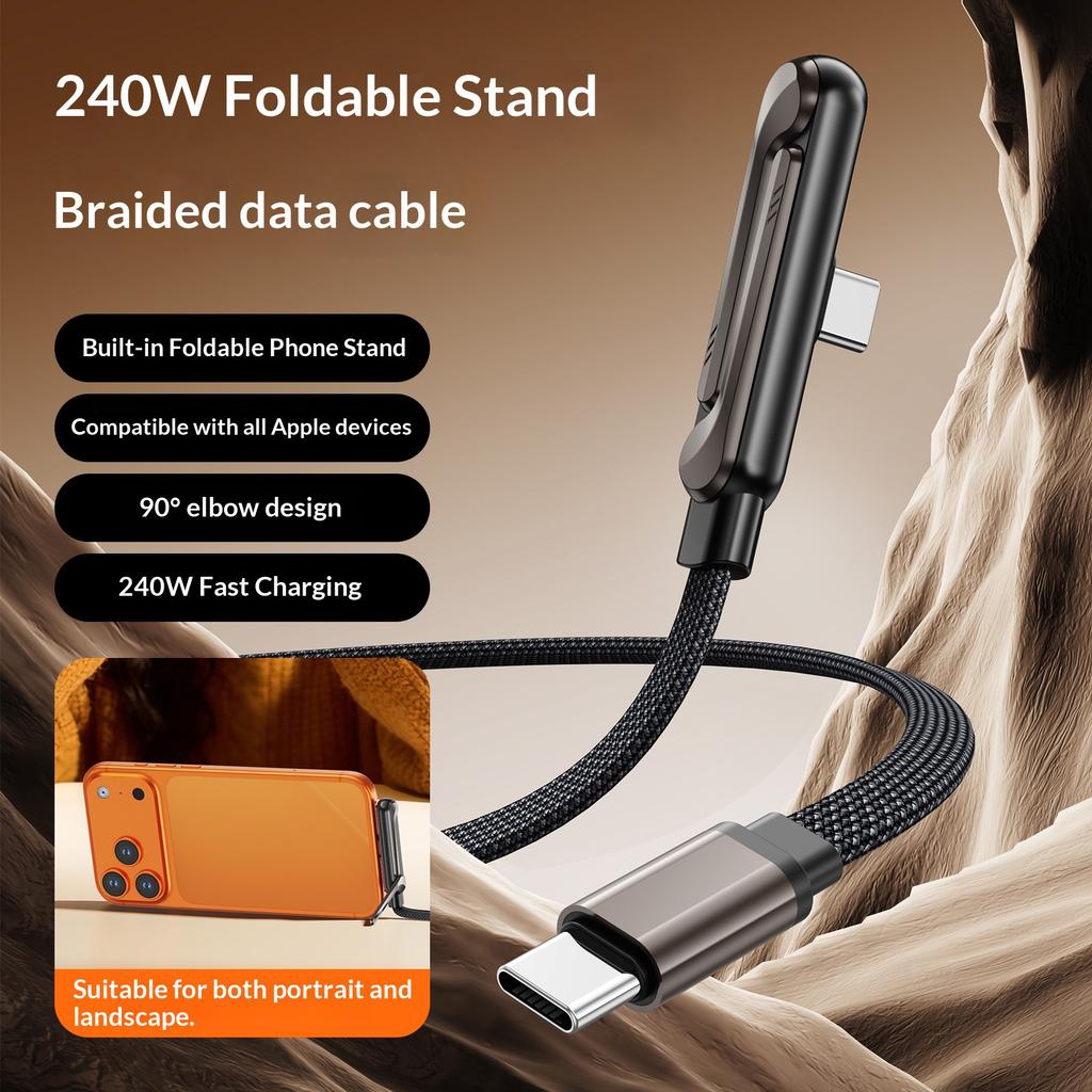 1.5m 240W 90 Degree Angled Type-C To Type-C Gaming Phone Charging Data Cable with Phone Stand