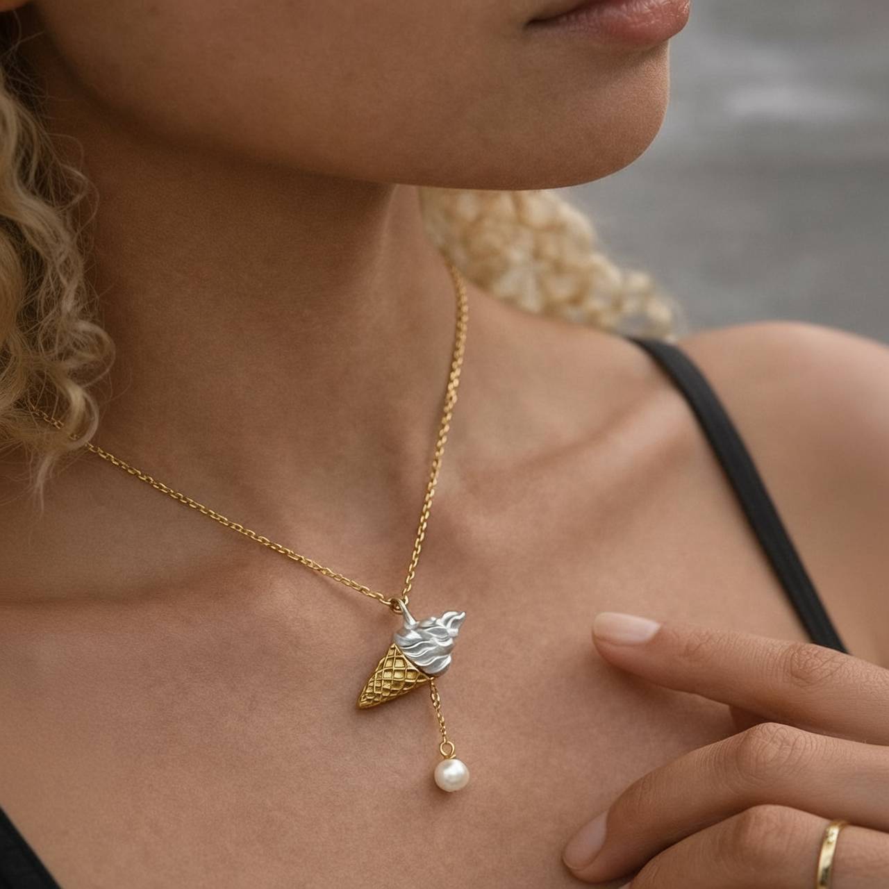 

Cone Ice Cream Necklace, Fresh And Sweet Versatile Pearl Necklace, Simple Collarbone, Daily Matching For Women