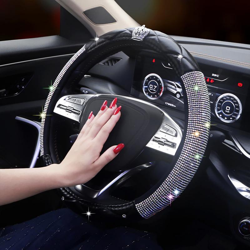 Women's D-Shape All-Season Non-Slip Steering Wheel Cover with Rhinestones