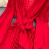 Autumn Women Vintage Pleated Midi Dress Elegant V-Neck Puff Long Sleeve High Waist A-Line Red Green Dresses