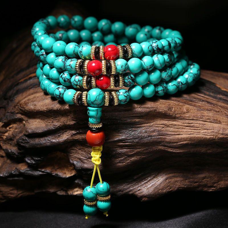 108 Pietre Grezze di Turchese Puro Naturale, Braccialetti Multistrato, Collane, Braccialetti Lunghi Nuovi Cinesi, Gioielli Tibetani.