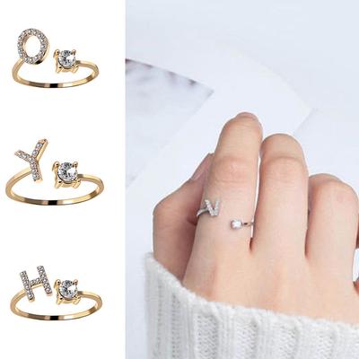Femmes Lettre A-Z Initiale Nom Alphabet Élégant Strass Couple Réglable Nouvelle Mode Décontracté Bague Empilable