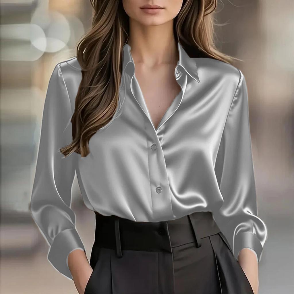 Women's Fashion Casual V-neck Solid Color Temperament Shirt Female Button Shirt Long Sleeve Ladies T-shirt Top