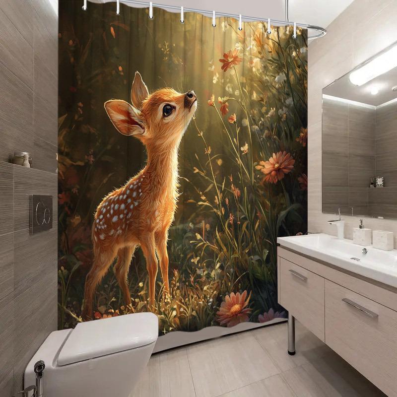 

1pc Fawn in Meadow Shower Curtain - Small Deer, Vibrant Wildflowers, Sunlit Forest, Polyester, 70.8x70.8 , 12 Hooks, Washable W90XH180cm