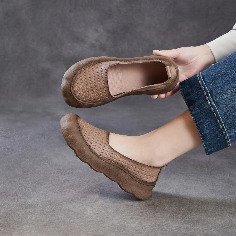 Johnature Genuine Leather Woven Retro Soft Soled Loafers Comfortable Shallow Women's Slip-on Shoes