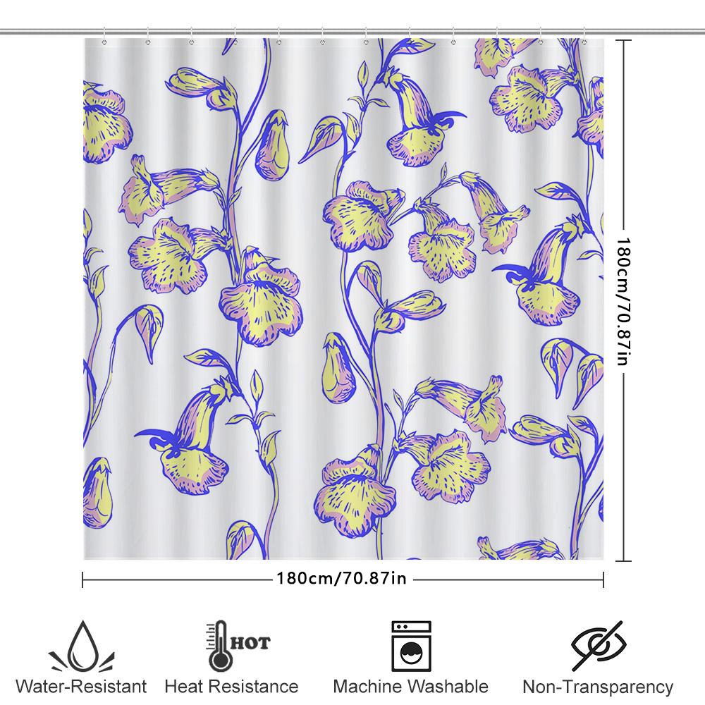 Floral Print Shower Curtain Modern Decorative Bath Mat Liner for Home Decoration Purple Yellow Flowers Design in White Backgro