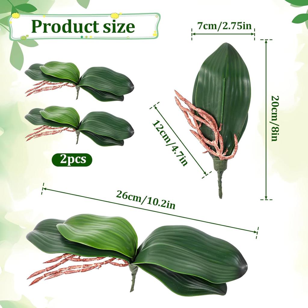 Faux Orchid Leaves, 2 Pack 8 Inch Artificial Phalaenopsis Stems Leaf Real Touch Orchids Leaf Artificial Cymbidium Flower Foliage Real Latex Touch