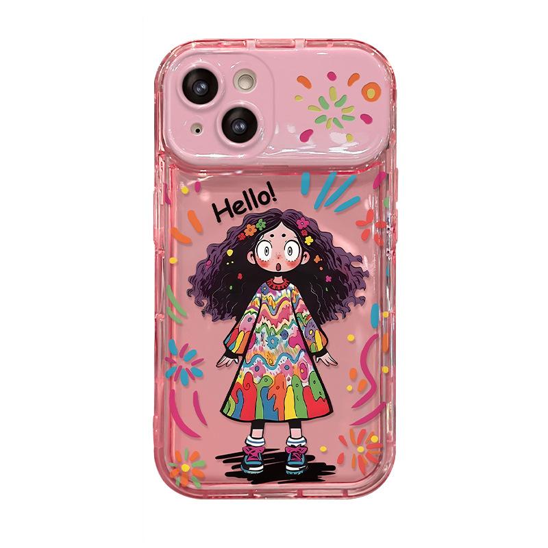 Applicable To Apple 15 Mobile Phone Case iPhone14/13Pro Fried Hair Girl Pendant 12 Flip Mirror 11 Silicone XS
